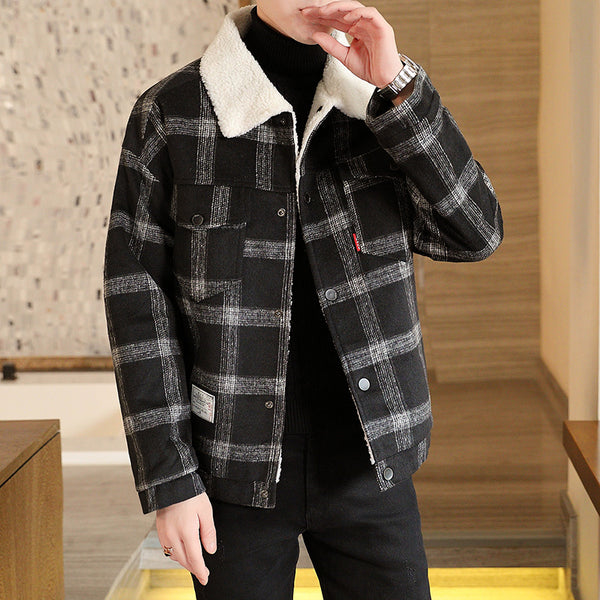 9398 Plus Velvet Thickened Lapel Plaid Jacket