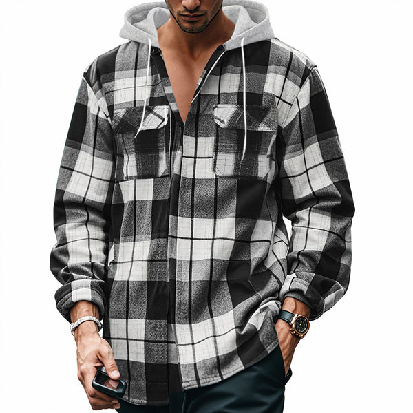 9523 Loose Casual Flannel Hooded Plaid Shirt