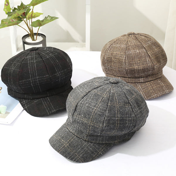 Woolen plaid octagonal hat season retro British style men newsboy hat Japanese literary youth beret