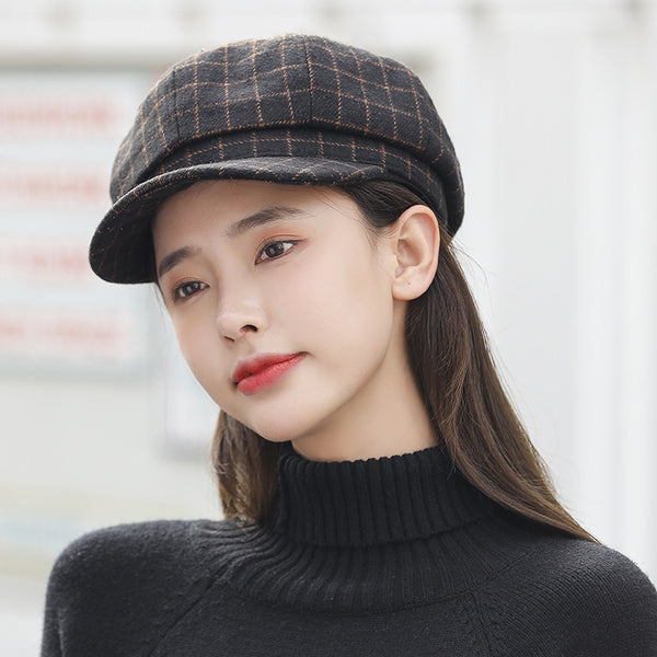 New octagonal hat British retro plaid painter hat Korean version simple fashion beret hat women