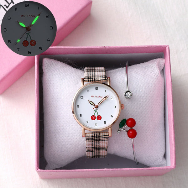 Plaid girl watch female simple temperament cute cherry literary quartz watch