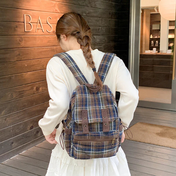 Small Backpack Women Backpack American Vintage Plaid Backpack Casual Backpack Travel Bag Multi-Pocket Backpack