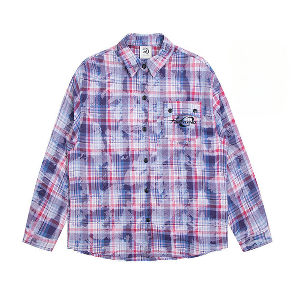 Street American casual plaid tie-dye long-sleeved shirt female badge splicing spring and autumn couple street cardigan jacket tide
