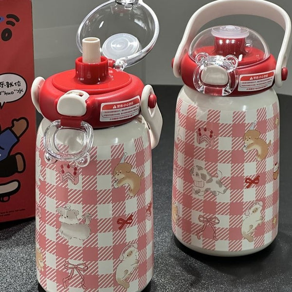 Original red plaid puppy straw design student gift 304 stainless steel thermos cup
