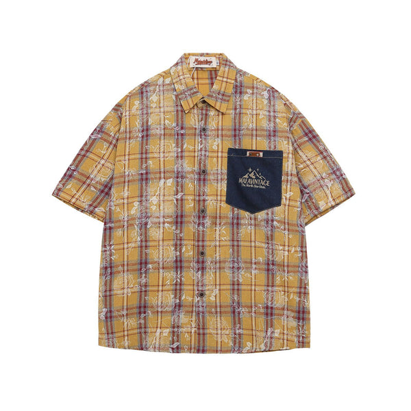 Summer American retro plaid full print lapel short-sleeved shirt men's and women's loose couple casual shirt
