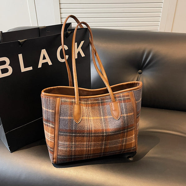 Contrasting color plaid tote bag women new retro fashion large-capacity shoulder bag