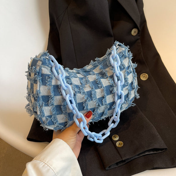 Retro messenger bag women simple denim canvas bag checkerboard chain portable shoulder bag tide