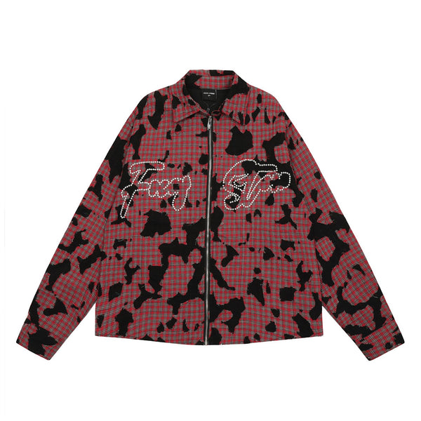 Vintage design sense niche pearl letter destruction tie-dye plaid shirt women's long-sleeved couple shirt