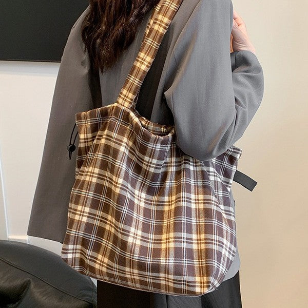 New retro tote bag large-capacity commuter messenger bag simple versatile plaid printed bucket bag single shoulder