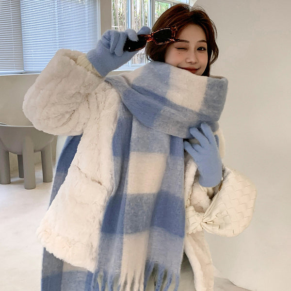New plaid scarf women Nordic autumn and winter soft waxy warm circle yarn contrasting color plaid scarf shawl scarf