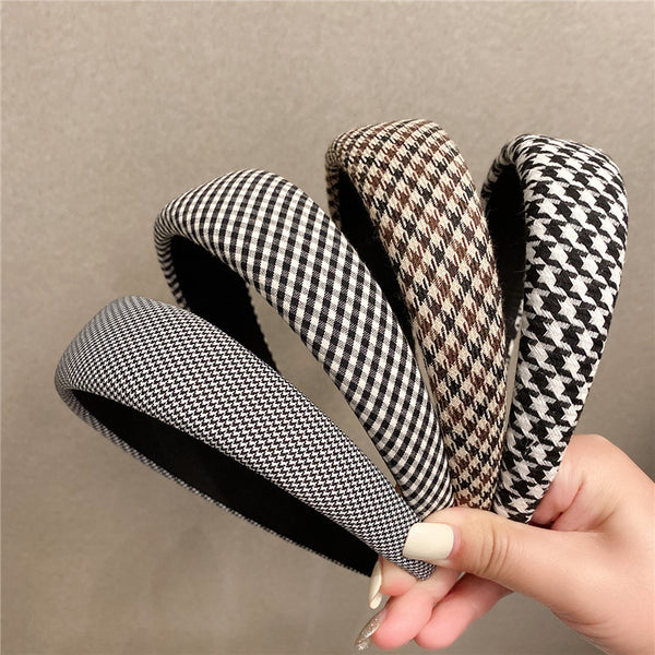 Retro French plaid hairpin headband women four seasons simple wide edge face wash headgear Internet celebrity high skull top sponge headband