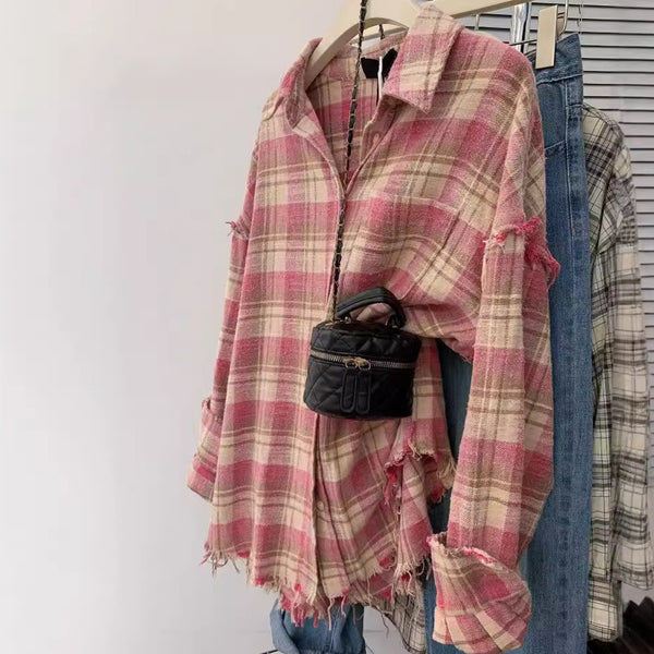 American retro pink plaid shirt jacket women's long-sleeved top shirt lazy style