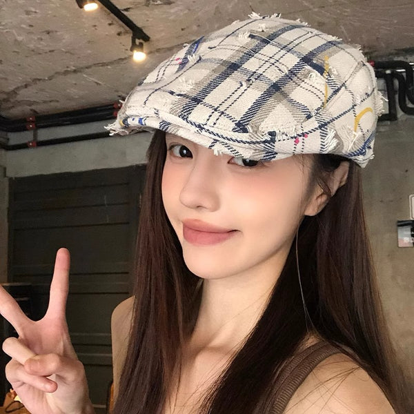 Retro old broken plaid forward hat women spring summer new Japanese versatile newsboy hat