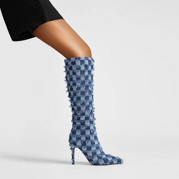 New fashion European and American washed denim plaid rough edge pointed heel boots women boots fashion boots