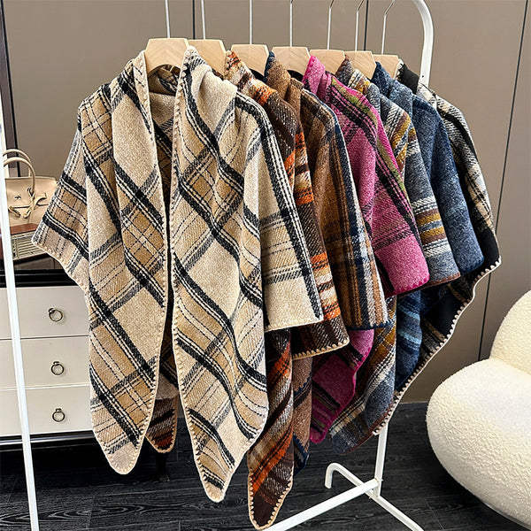Plaid shawl female Maillard wears seaside grassland travel autumn and winter warm cape shawl