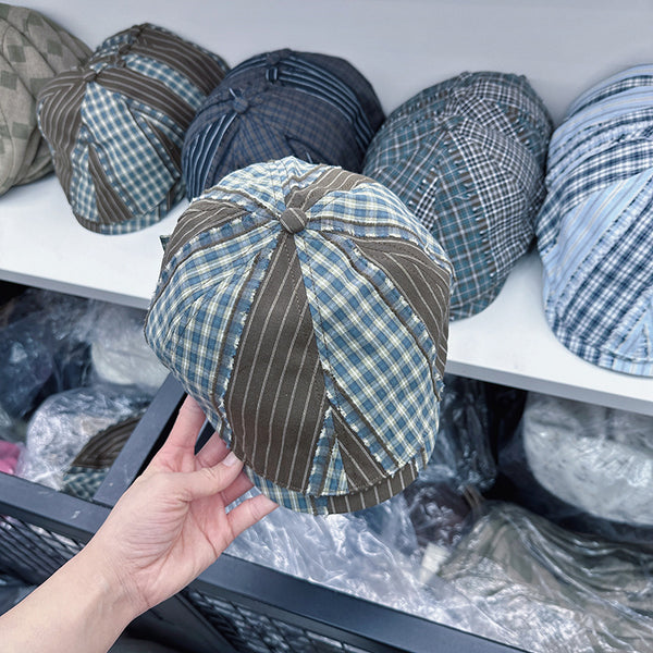 New plaid splicing forward hat women niche personalized beret