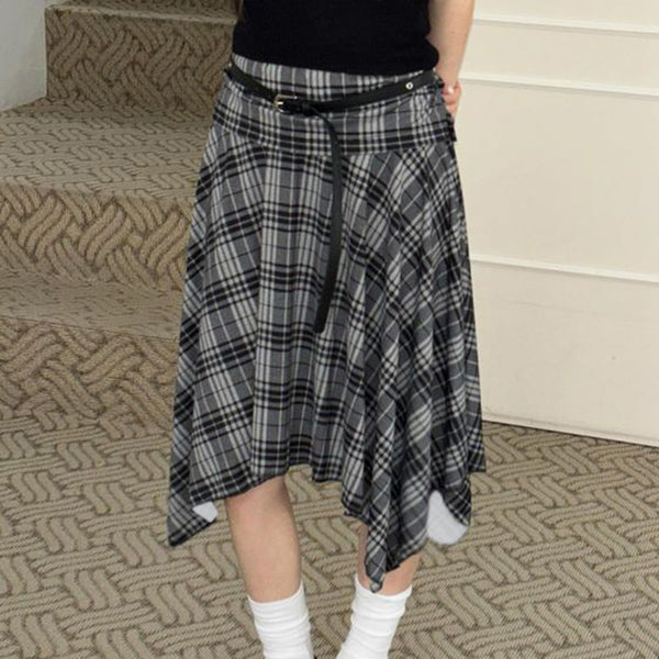 Y2K niche style retro plaid irregular half skirt early autumn American hot girl hipster casual style medium and long skirt