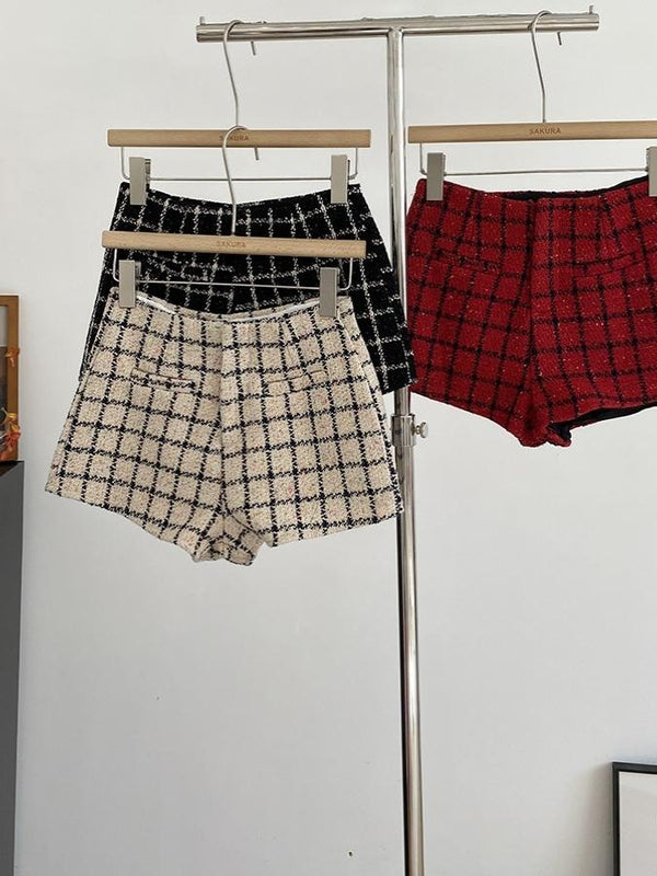 New temperament tweed plaid high waist thin versatile wide leg shorts women