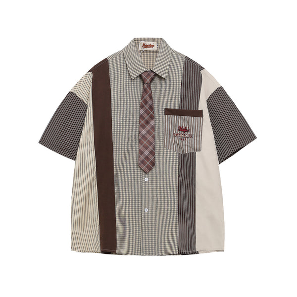 American retro color matching letter embroidery short-sleeved shirt men's design sense loose and versatile couple tie shirt summer