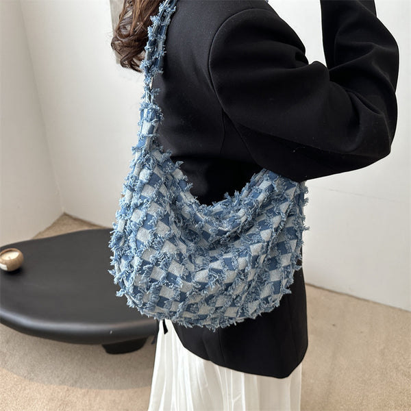 Retro denim messenger bag niche checkerboard fashion dumpling bag casual shoulder bag burr cloth bag