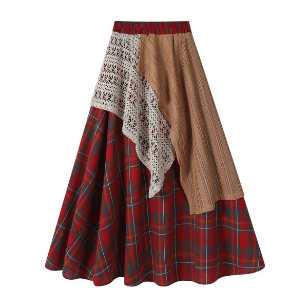 Vintage skirt irregular heavy industry plaid lace splicing skirt high waist long skirt