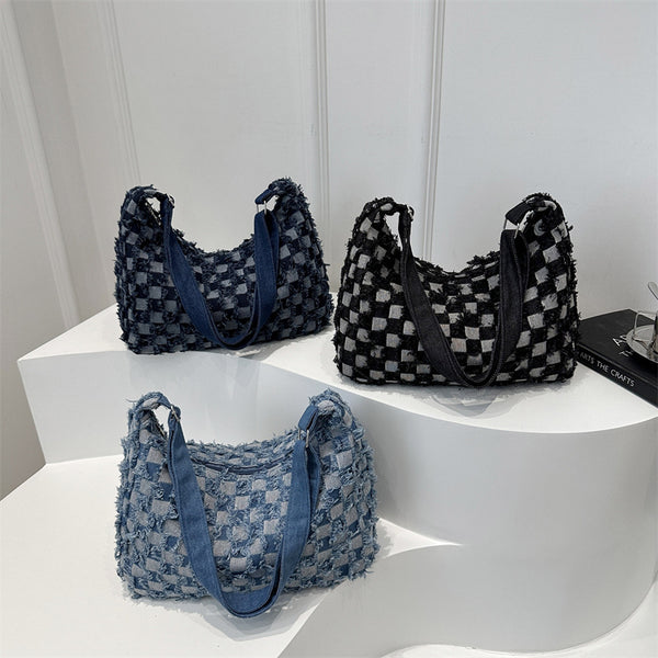 Large capacity fashionable women plaid bag 2024 autumn new personalized shoulder bag textured denim tote bag