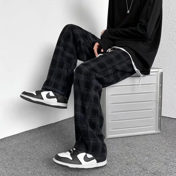 Plaid pants men spring and autumn straight-tube trend loose Korean version of versatile wide-leg casual pants