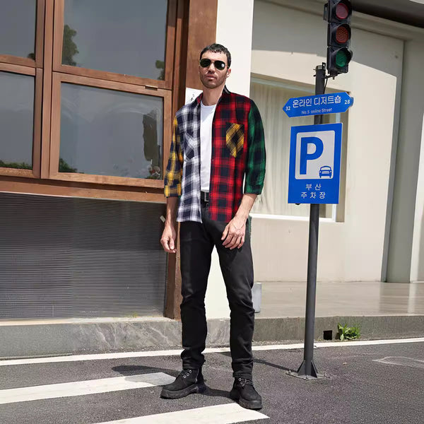 Men contrasting red and blue plaid shirt European and American size street classic retro long-sleeved lapel shirt
