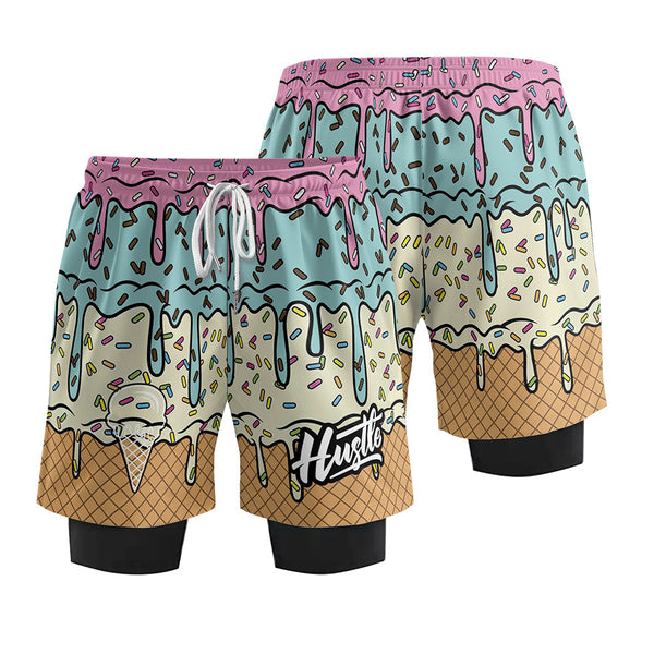Fashion new summer ice cream shorts refreshing casual fake two-piece shorts loose men's and women's same casual pants
