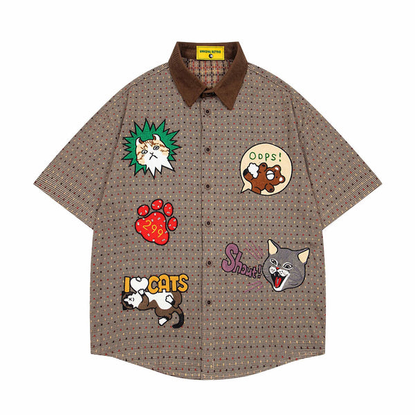Retro cute kitten embroidery color matching loose and versatile summer new short-sleeved shirts for men and women