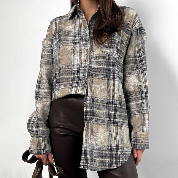 Cross-border European and American retro loose pure cotton plaid shirt new long-sleeved design plaid shirt women