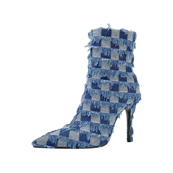 New pointed checkerboard fringed jacquard denim thin heel high heel side zipper fashion women boots