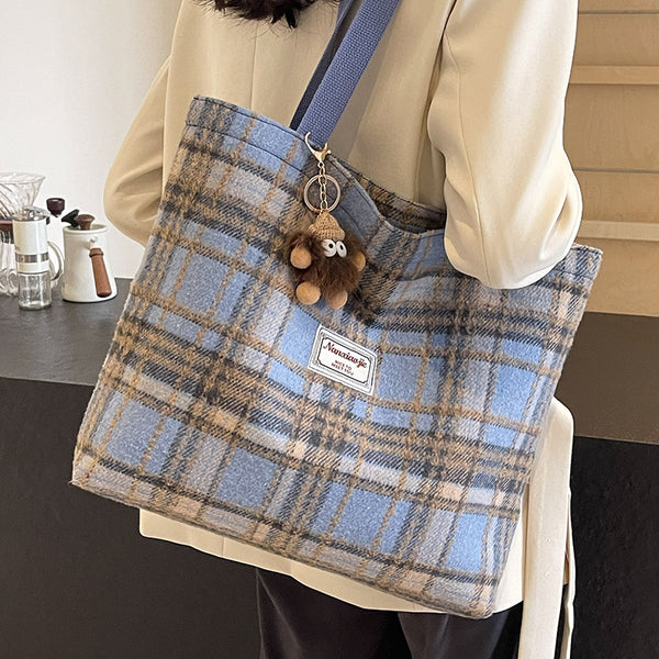 Large capacity plaid bag, new autumn and winter woolen plaid shoulder bag high-end versatile tote bag