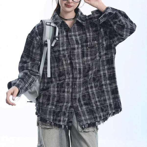Tie-dye plaid polished long-sleeved shirt women's autumn oversize couple loose casual shirt jacket tide
