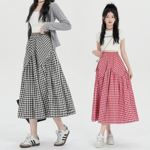 Red plaid skirt women splicing umbrella skirt thin medium and long large swing skirt college A-shaped skirt