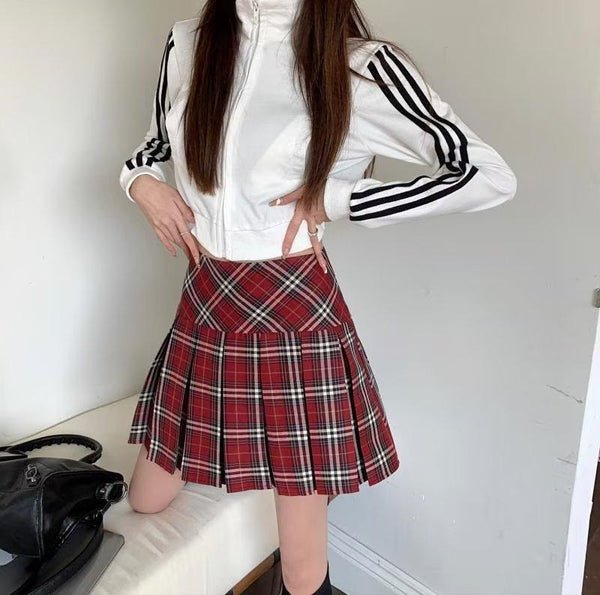 Red plaid pleated skirt female summer student a-shaped skirt high waist slim short skirt college style fashion skirt