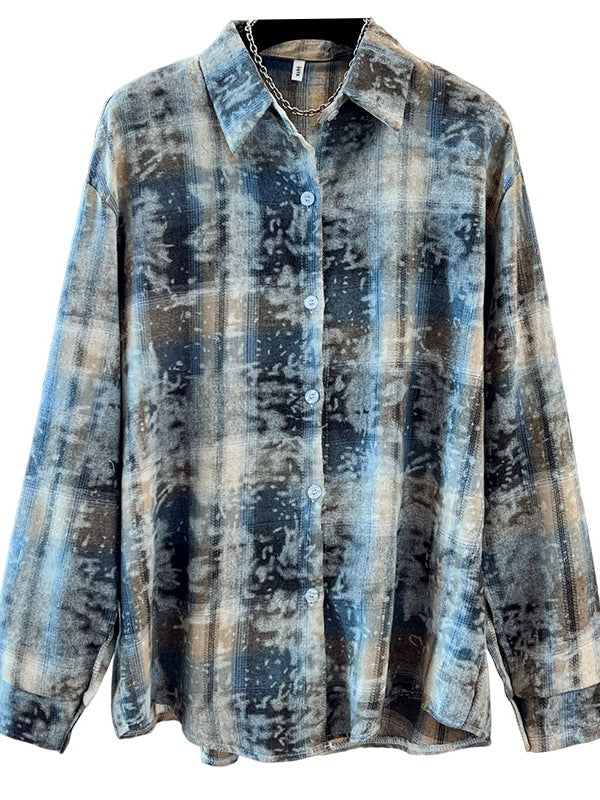 Real shot American tie-dye polished plaid shirt jacket early autumn thin outer with medium and long cardigan top