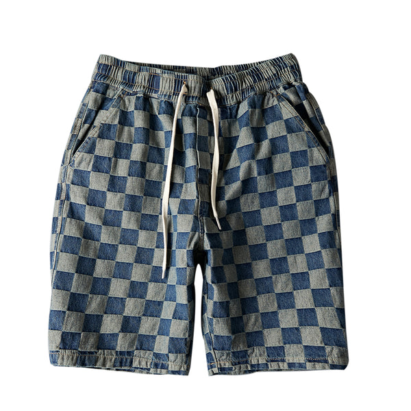 Summer new men's old washed denim five-point pants youth trend medium pants loose beach plaid shorts men