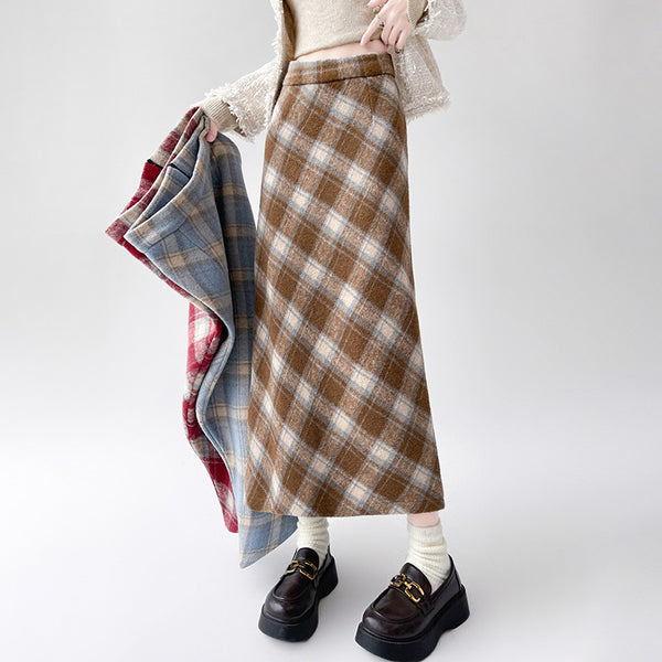 Woolen plaid skirt women autumn and winter retro high-waisted and thin plaid medium and long hip skirt