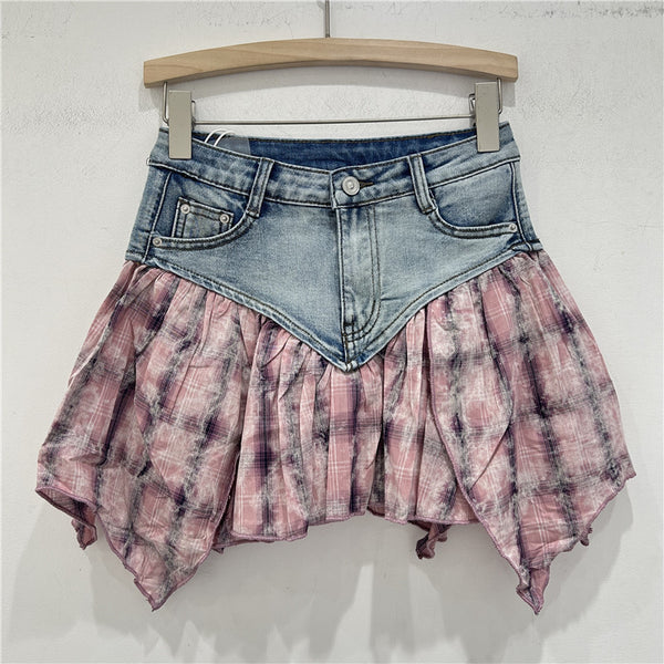 New heavy industry splicing plaid contrasting color design feeling washed elastic denim skirt