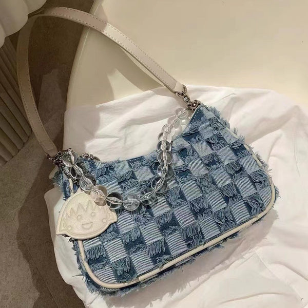 Underarm bag plaid shoulder bag formula denim fringed women bag new messenger bag bead versatile handbag