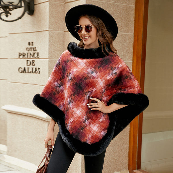 Pullover Cloak Color Plaid Warm Knitted Shawl Women Jacket