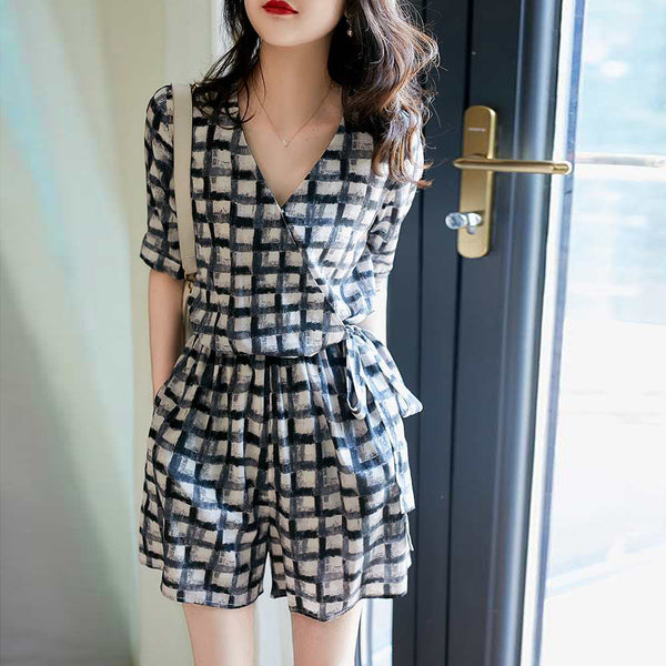 Classic Bloom Elegant French Ink Checked Mulberry Silk Jumpsuit Women Summer High Waist Skinny Casual Wide Leg Shorts