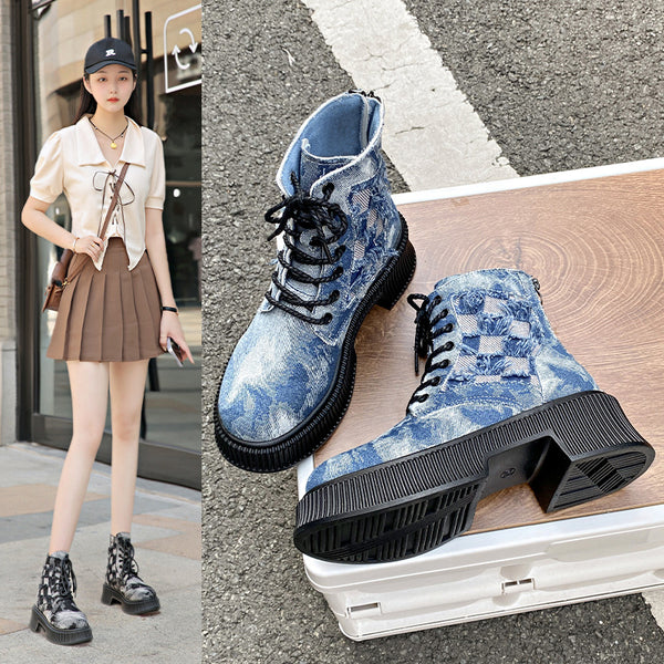 New denim Martin boots women retro locomotive platform short boots