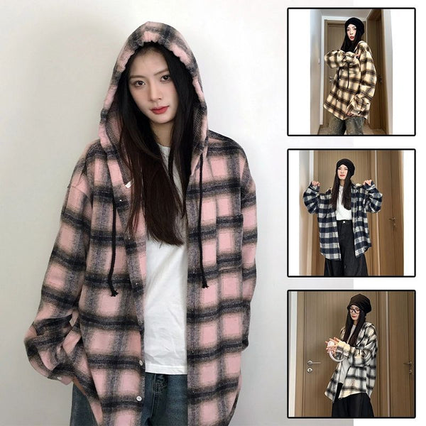 Men's and women's same hooded plaid shirt jacket Hong Kong flavor new spring and autumn loose lazy casual top