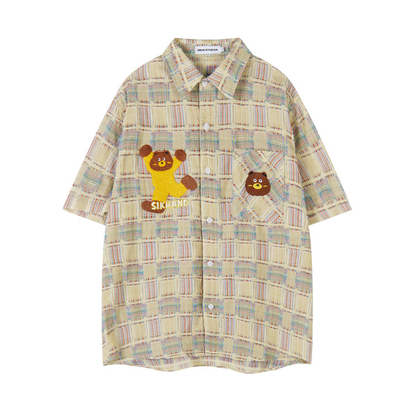 American retro towel embroidered bear cut plaid short-sleeved shirt men's and women's summer loose casual versatile couple shirt