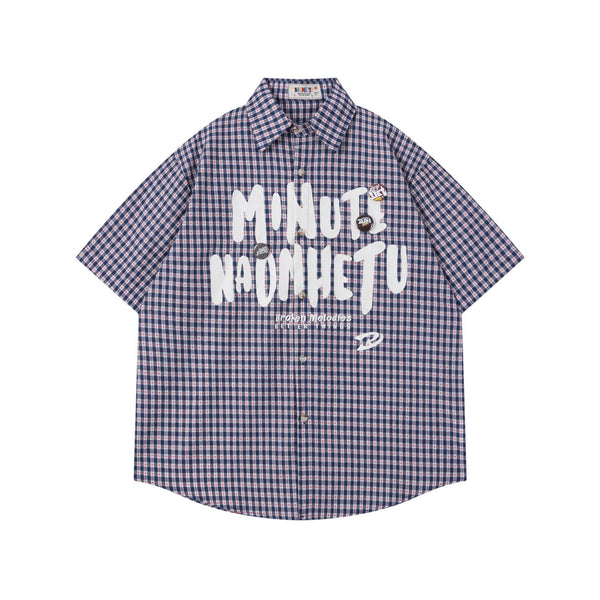 Letter print plaid short-sleeved shirt men's and women's college style loose couple badge plaid shirt tide