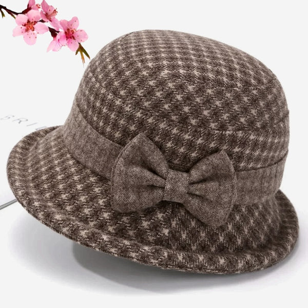 Autumn and winter padded warm bucket hat the new elderly hat women woolen plaid bow foreign air basin hat