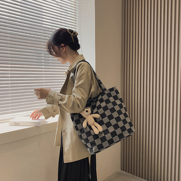 Chessboard plaid canvas bag women summer large-capacity bag plaid shoulder denim bag portable tote bag