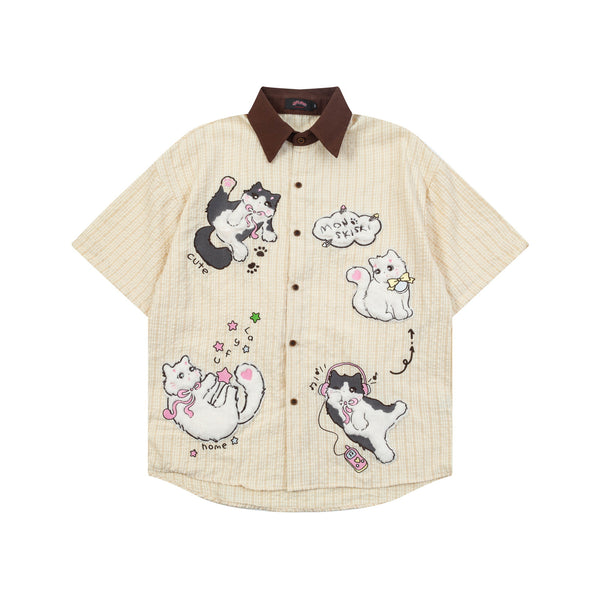 Cute kitten plush embroidered plaid contrasting color collar texture short-sleeved shirt top